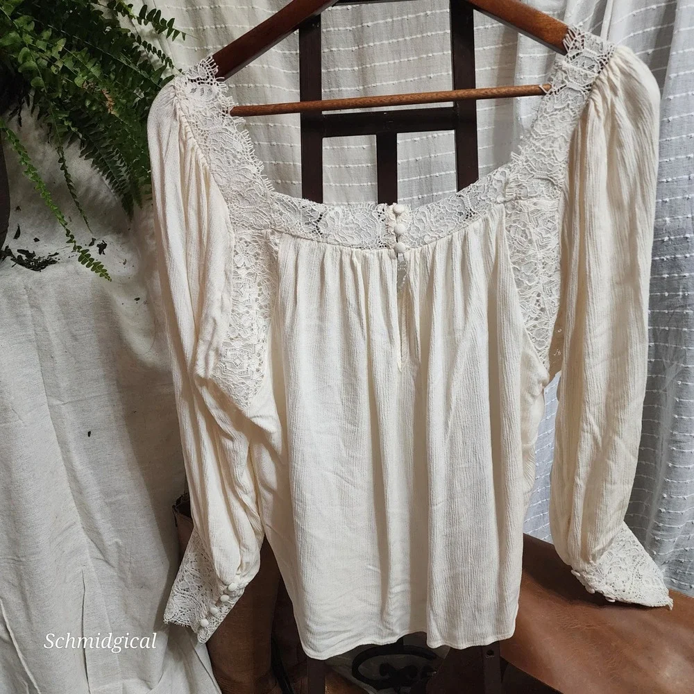 Free People Cream Lace Trim Peasant Blouse Long Sleeve Boho Top Medium